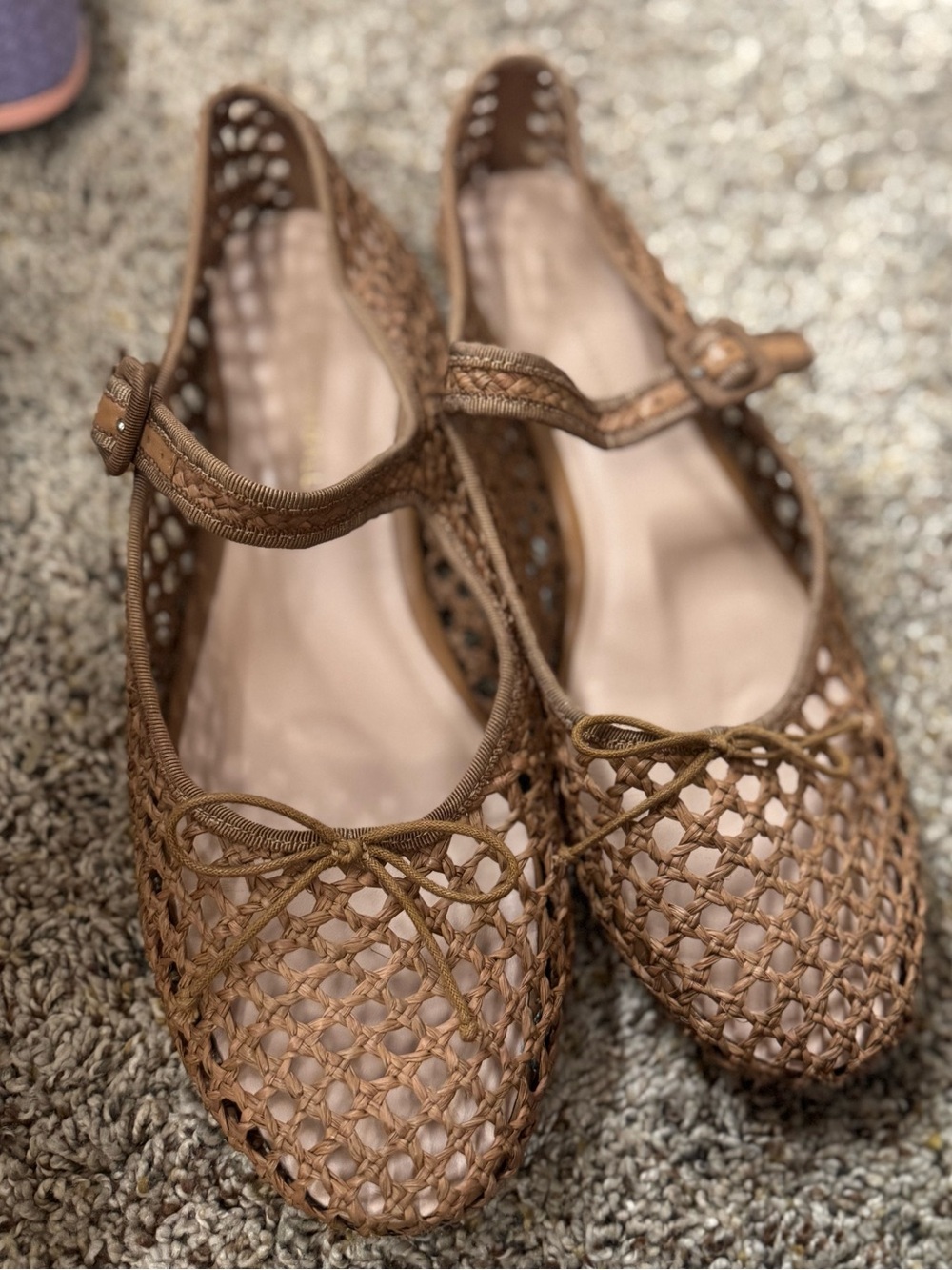 Loeffler Randal Woven Mesh Fishnet Mary Jane Flats Taupe Tan